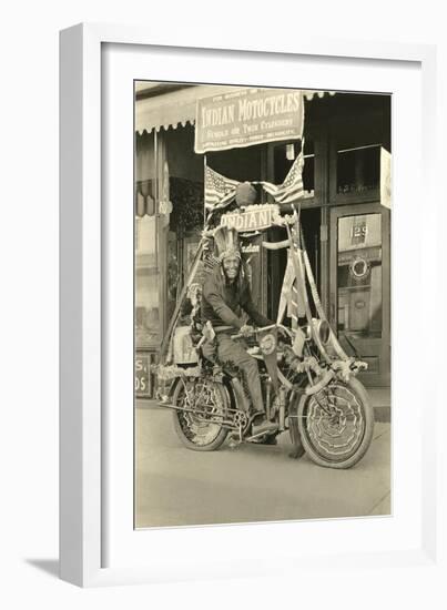 Black and White Photo of Man Dressed as Indian on Motorcycle-null-Framed Art Print