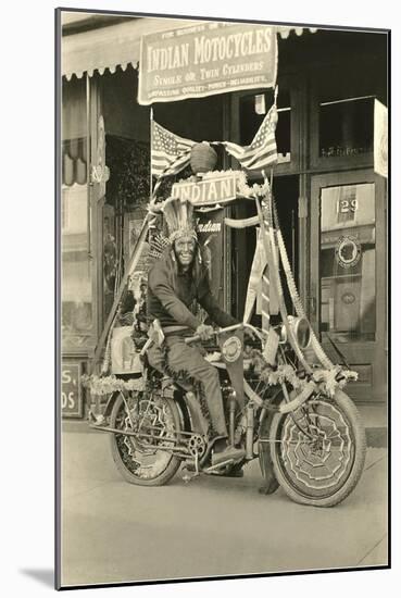 Black and White Photo of Man Dressed as Indian on Motorcycle-null-Mounted Art Print