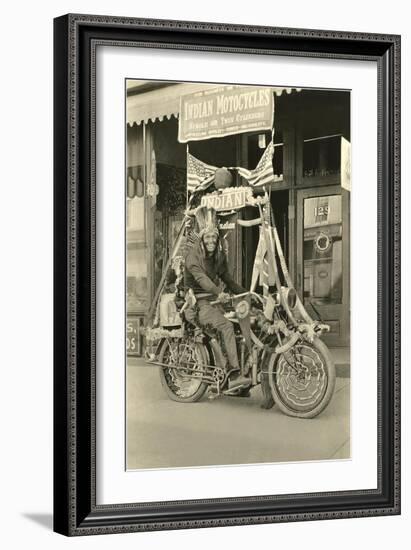 Black and White Photo of Man Dressed as Indian on Motorcycle-null-Framed Art Print