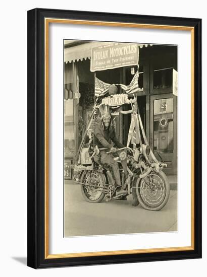 Black and White Photo of Man Dressed as Indian on Motorcycle-null-Framed Art Print