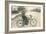 Black and White Photo of Man on Vintage Motorcycle-null-Framed Art Print