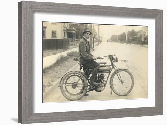 Black and White Photo of Man on Vintage Motorcycle-null-Framed Art Print