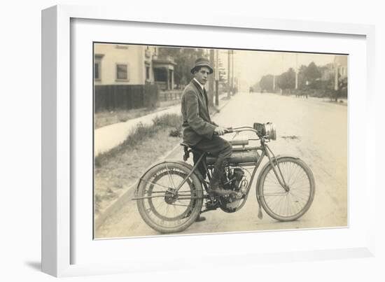 Black and White Photo of Man on Vintage Motorcycle-null-Framed Art Print