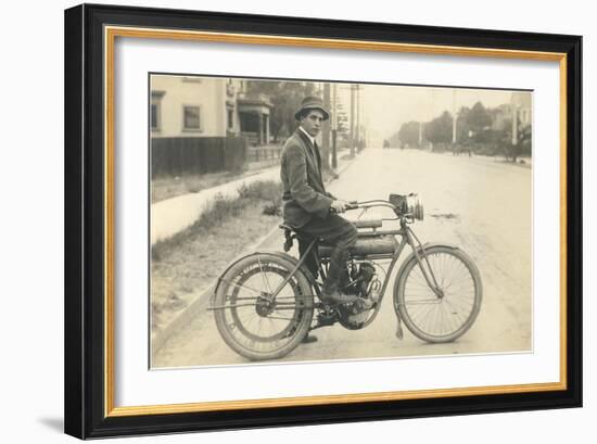 Black and White Photo of Man on Vintage Motorcycle-null-Framed Art Print