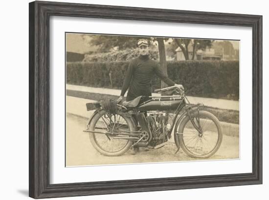 Black and White Photo of Man with Motorcycle-null-Framed Art Print