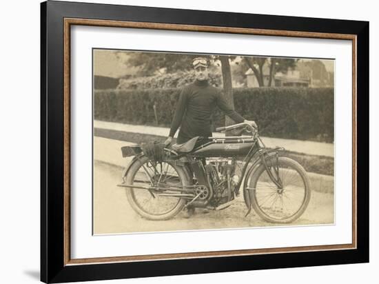 Black and White Photo of Man with Motorcycle-null-Framed Art Print