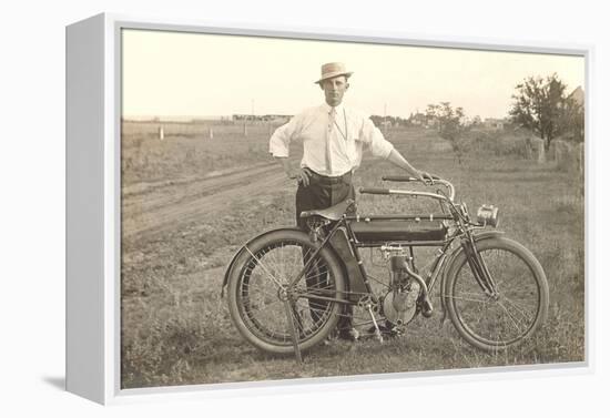 Black and White Photo of Man with Vintage Motorcycle-null-Framed Stretched Canvas