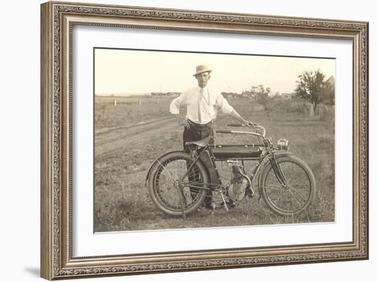 Black and White Photo of Man with Vintage Motorcycle-null-Framed Art Print