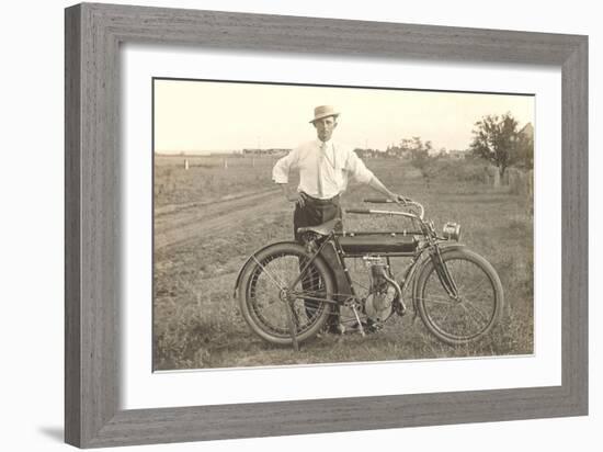 Black and White Photo of Man with Vintage Motorcycle-null-Framed Art Print