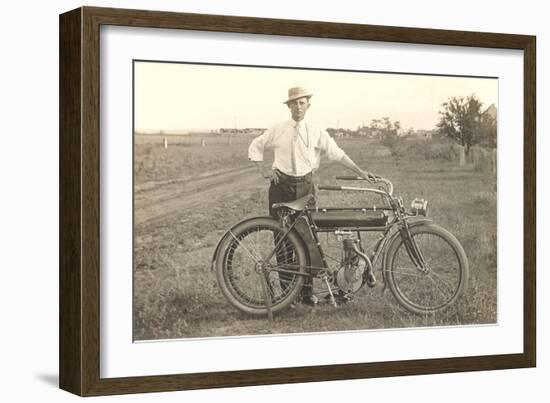 Black and White Photo of Man with Vintage Motorcycle-null-Framed Art Print