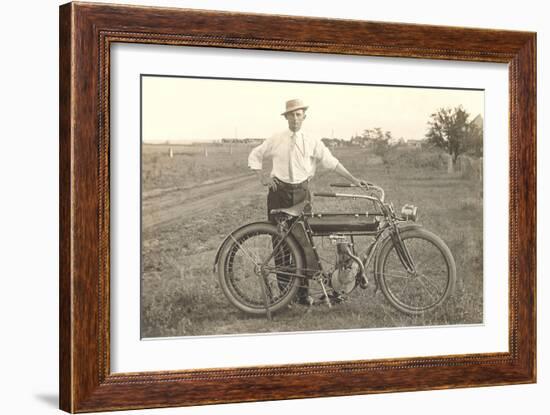 Black and White Photo of Man with Vintage Motorcycle-null-Framed Art Print