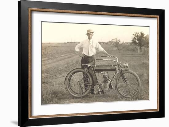 Black and White Photo of Man with Vintage Motorcycle-null-Framed Art Print