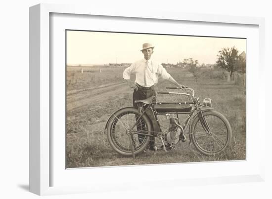 Black and White Photo of Man with Vintage Motorcycle-null-Framed Art Print