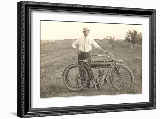 Black and White Photo of Man with Vintage Motorcycle-null-Framed Art Print