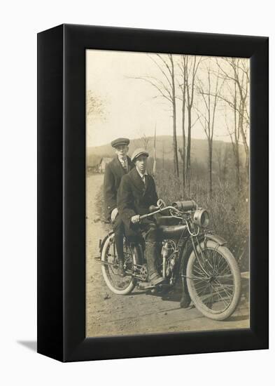 Black and White Photo of Two Men on Motorcycle-null-Framed Stretched Canvas