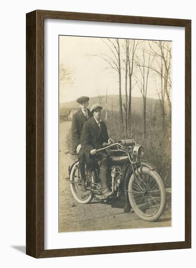 Black and White Photo of Two Men on Motorcycle-null-Framed Art Print