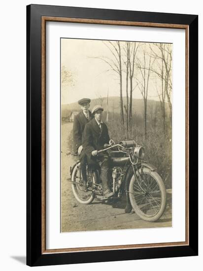 Black and White Photo of Two Men on Motorcycle-null-Framed Art Print