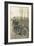 Black and White Photo of Two Men on Motorcycle-null-Framed Art Print