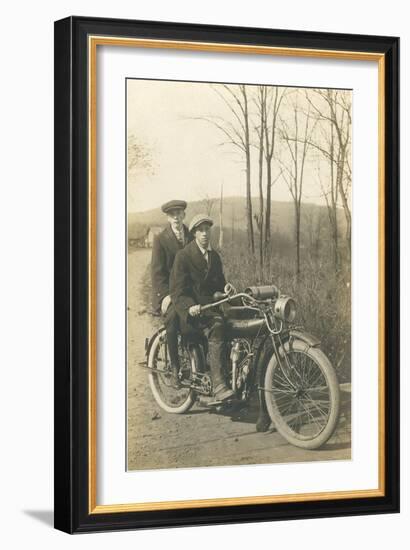 Black and White Photo of Two Men on Motorcycle-null-Framed Art Print