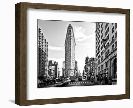 Black and White Photography Landscape of Flatiron Building and 5th Ave, Manhattan, NYC, White Frame-Philippe Hugonnard-Framed Art Print