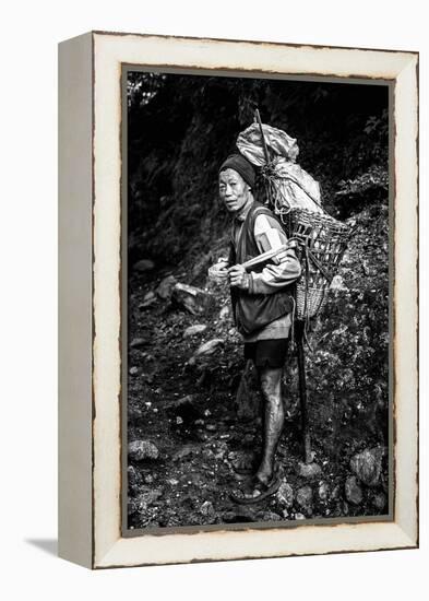 Black and white picture of a Sherpa carrying meat up to Everest Base Camp in Nepal-David Chang-Framed Premier Image Canvas