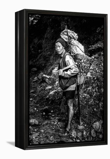 Black and white picture of a Sherpa carrying meat up to Everest Base Camp in Nepal-David Chang-Framed Premier Image Canvas