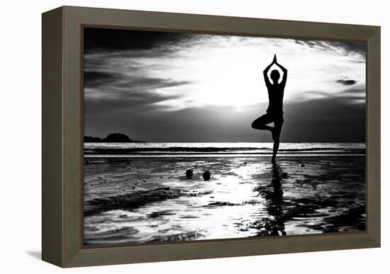 Black And White Picture: Young Woman Practicing Yoga On The Beach At Sunset-De Visu-Framed Stretched Canvas