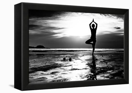 Black And White Picture: Young Woman Practicing Yoga On The Beach At Sunset-De Visu-Framed Stretched Canvas