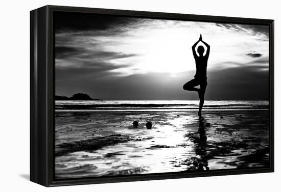 Black And White Picture: Young Woman Practicing Yoga On The Beach At Sunset-De Visu-Framed Stretched Canvas