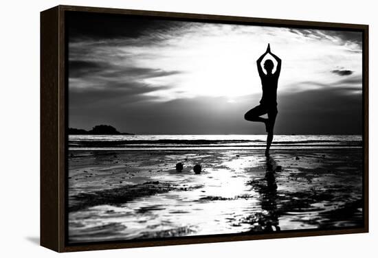 Black And White Picture: Young Woman Practicing Yoga On The Beach At Sunset-De Visu-Framed Stretched Canvas