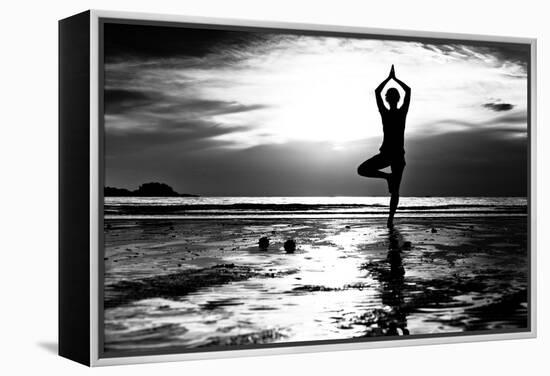 Black And White Picture: Young Woman Practicing Yoga On The Beach At Sunset-De Visu-Framed Stretched Canvas