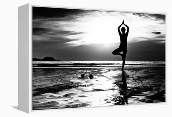 Black And White Picture: Young Woman Practicing Yoga On The Beach At Sunset-De Visu-Framed Stretched Canvas