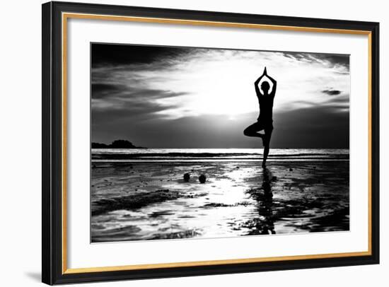 Black And White Picture: Young Woman Practicing Yoga On The Beach At Sunset-De Visu-Framed Premium Giclee Print