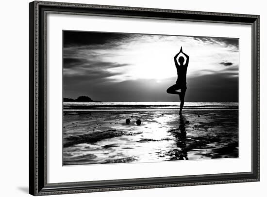 Black And White Picture: Young Woman Practicing Yoga On The Beach At Sunset-De Visu-Framed Art Print