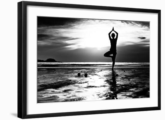 Black And White Picture: Young Woman Practicing Yoga On The Beach At Sunset-De Visu-Framed Art Print