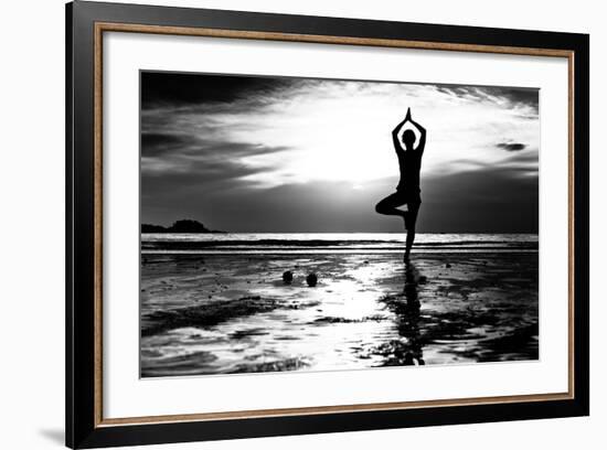 Black And White Picture: Young Woman Practicing Yoga On The Beach At Sunset-De Visu-Framed Art Print