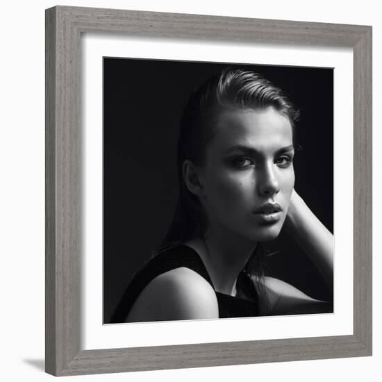 Black and White Portrait of a Beautiful Girl in the Studio on a Black Background, the Concept of Be-Yuliya Yafimik-Framed Photographic Print