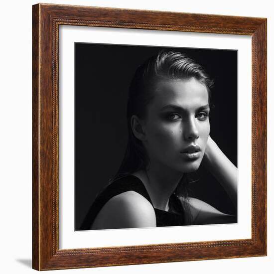 Black and White Portrait of a Beautiful Girl in the Studio on a Black Background, the Concept of Be-Yuliya Yafimik-Framed Photographic Print