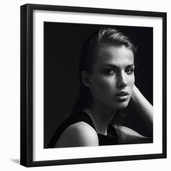 Black and White Portrait of a Beautiful Girl in the Studio on a Black Background, the Concept of Be-Yuliya Yafimik-Framed Photographic Print