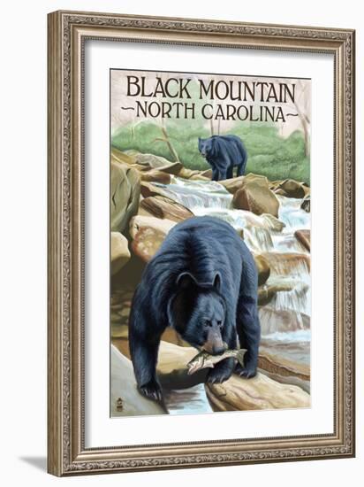 Black Bear Fishing - Black Mountain, North Carolina-Lantern Press-Framed Art Print