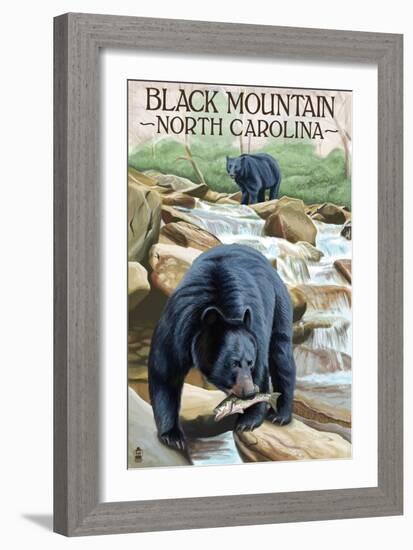 Black Bear Fishing - Black Mountain, North Carolina-Lantern Press-Framed Art Print