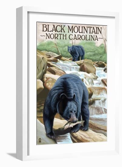 Black Bear Fishing - Black Mountain, North Carolina-Lantern Press-Framed Art Print