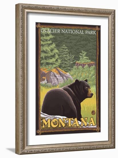 Black Bear in Forest, Glacier National Park, Montana-Lantern Press-Framed Art Print