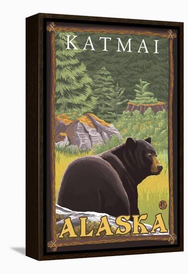 Black Bear in Forest, Katmai, Alaska-Lantern Press-Framed Stretched Canvas