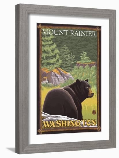 Black Bear in Forest, Mount Rainier, Washington-Lantern Press-Framed Art Print