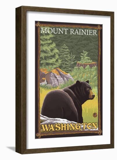 Black Bear in Forest, Mount Rainier, Washington-Lantern Press-Framed Art Print