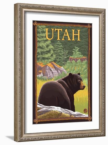 Black Bear in Forest - Utah-Lantern Press-Framed Premium Giclee Print