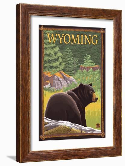 Black Bear in Forest - Wyoming-Lantern Press-Framed Art Print