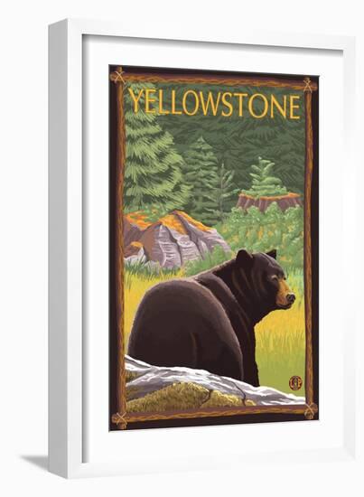 Black Bear in Forest, Yellowstone National Park-Lantern Press-Framed Art Print