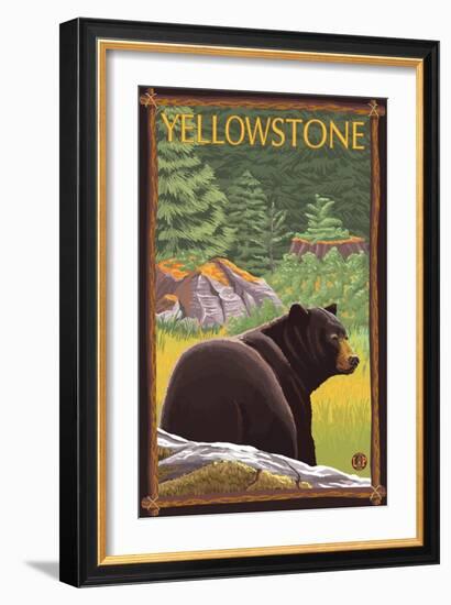 Black Bear in Forest, Yellowstone National Park-Lantern Press-Framed Art Print